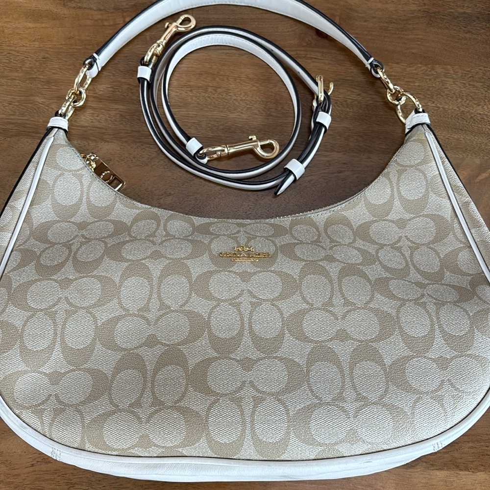Coach Tan and White Signature Shoulder Bag
